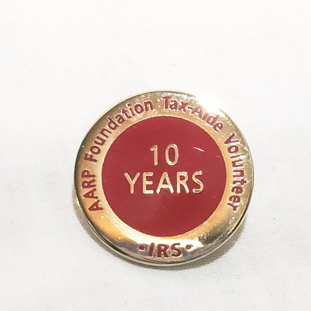 AARP Tax Aide Volunteer Service IRS 10 Years Lapel Pin 1"